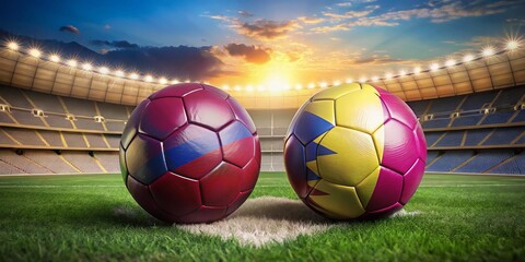 Fototapeta premium Qatar vs Ecuador Soccer Match: Two Footballs in National Team Colors, Stadium Blurred Background - 3D Render