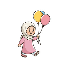 Happy Muslim Girl Walking with Balloons