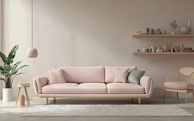 Minimalist Scandinavian living room with a comfortable pastel-colored sofa, geometric rugs, simple modern lighting, and sleek wooden shelves