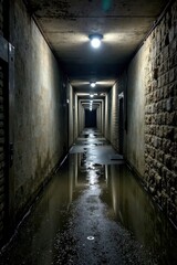 Dark, damp concrete cellar, water stains visible, severe, mysterious, grim