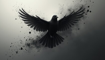 A striking black bird with outstretched wings is captured mid-flight, surrounded by a swirling cloud of dark particles. This powerful image evokes a sense of freedom and strength, symbolizing