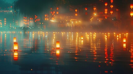 Floating Lanterns Illuminate Nighttime Water Scene