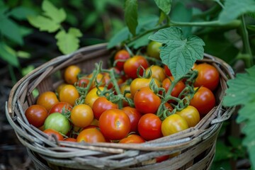 Ripe and unripe cherry tomatoes on the vine, freshly harvested in a wicker basket, symbolize the abundance of a thriving garden