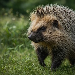 Naklejka premium A porcupine slowly walking through a grassy area, with the spines and green blur creating a unique composition.