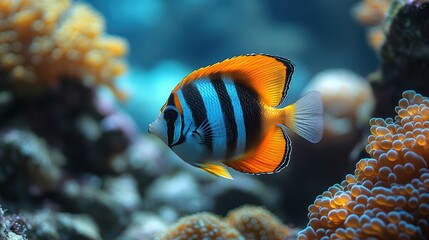 Obraz premium Colorful butterflyfish with black, white, yellow, and orange stripes swims in a coral reef