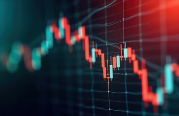 Stock market graph shows downward trend. Red candle stick chart display economic downturn. Bear market conditions evident. Financial crisis depicted. Investment loss visible. Business in decline.