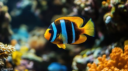 Obraz premium Colorful butterflyfish with black, white, yellow, and orange stripes swims in a coral reef