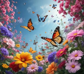 Colorful blooms with a mix of flowers and butterflies, floral art, colorful print