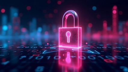 Cybersecurity concept, glowing digital padlock, futuristic technology background,
