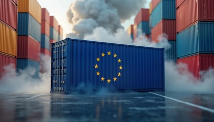 EU Carbon Border Adjustment Mechanism impacting imported goods. Container with EU flag stands in shipping yard. Smoke carbon emissions. International trade eco policies. Global environmental