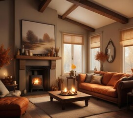 Cozy autumnal living room with comfortable furniture and firelight, relaxed atmosphere, comfortable furniture, warm ambiance