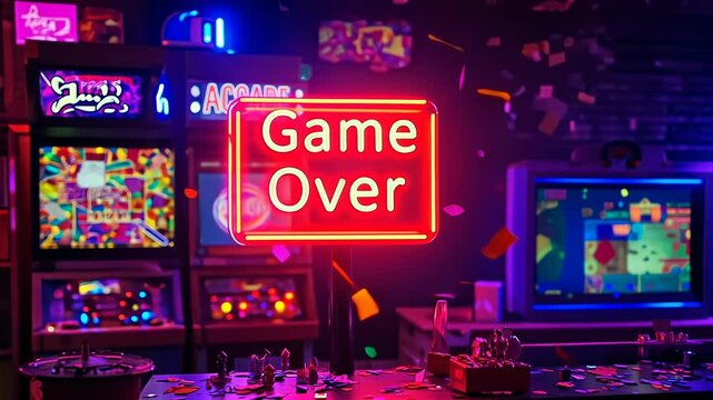 Neon"Game"sign vibrant arcade room.colorful lights and vintage machines create nostalgic atmosphere.People enjoying games lively setting.invokes both excitement hint nostalgia.perfect environment