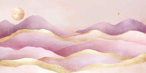 Fototapeta premium Dreamy Mountain Landscape: An ethereal landscape of soft pink mountains adorned with sparkling gold accents and ethereal moons, evoking tranquility and wonder.
