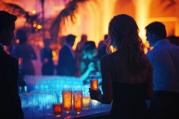 Elegant evening gathering with colorful drinks and vibrant atmosphere in a stylish venue