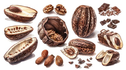 Obraz premium A collection of nuts and chocolate pieces. The nuts are almonds, walnuts, and cashews. Concept of indulgence and abundance, as the variety of nuts