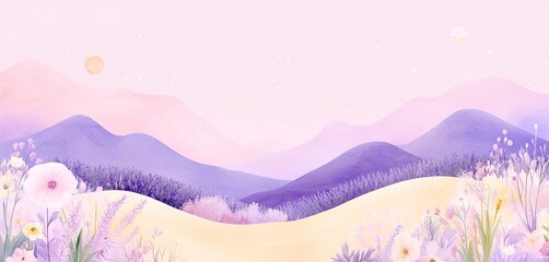 Soft Pastel Mountain Landscape: A dreamy, minimalist watercolor painting captures a serene mountain range at sunrise. Delicate pastel hues of pink, purple.