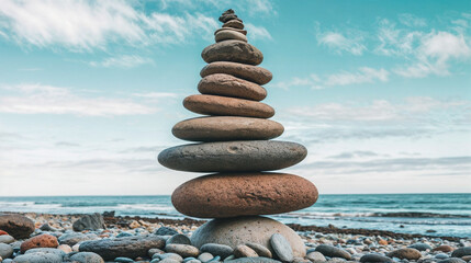 Stack of balanced stones at beach against clear sky