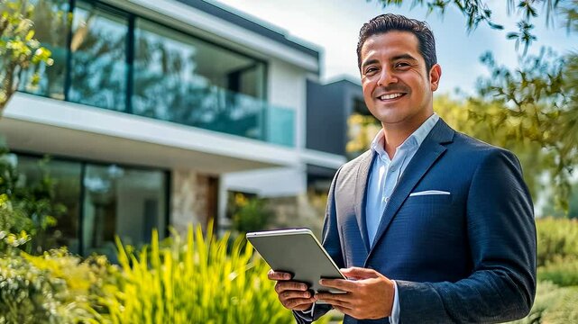 Middle-aged Hispanic man using tablet modern home.Professional reviews digital content sunny day.Well-dressed individual technology residential area.Setting ideal business discussions