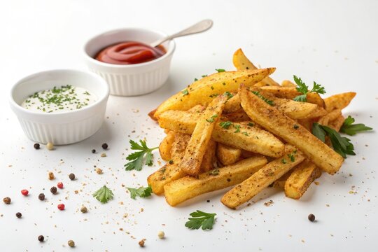 Crispy cajun french fries scattered on a white background, snack, , flavorful, appetizer