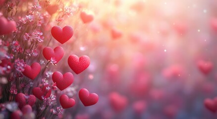 Romantic Red Hearts among Blooming Pink Flowers Valentine s Day Background