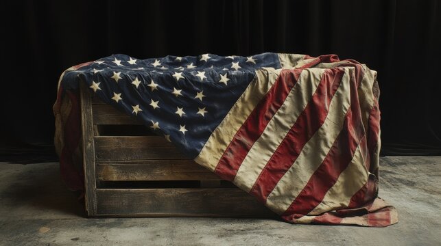 American Flag Draped Over a Vintage Wooden Crate