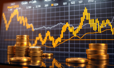 Investing in gold with coins and financial charts showing market trends. image captures essence of wealth management and investment strategies