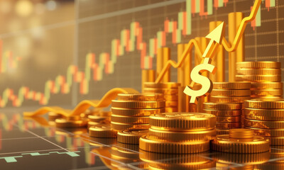 Golden coins and financial growth chart with dollar symbol, representing investment and wealth