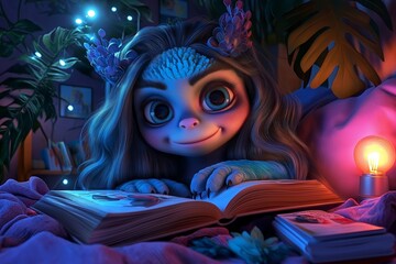 A charming creature delights in reading on World Book Day, surrounded by cozy decor and a lamp. Nearby, books on bedside table lend a warm atmosphere.