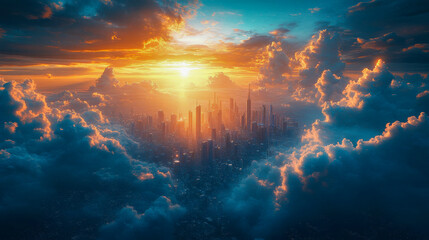 Fototapeta premium A futuristic city skyline emerging from the clouds at sunset, bathed in golden light with dramatic cloud formations
