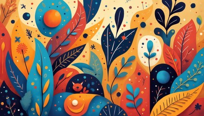 This captivating illustration features a lively array of abstract foliage in striking shades of blue, orange, and yellow. The playful design showcases whimsical leaves and shapes, creating a joyful
