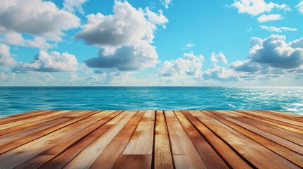 Fototapeta premium A wooden pier overlooking the ocean with a cloudy sky in the background