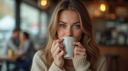 Young beautiful woman drinking coffee in a cafe