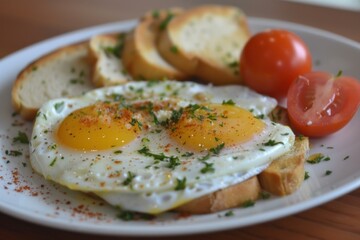 Two fried eggs placed on toasted slices of bread, with fresh tomatoes, parsley and paprika on a white plate, composing a healthy and delicious breakfast