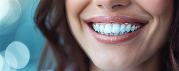 Fototapeta premium Close-up image capturing the perfect smile of a woman with white, healthy teeth