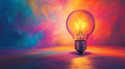 A light bulb is lit up in a colorful room