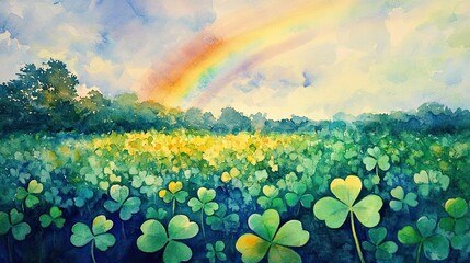 Watercolor Painting of a Rainbow over a Field of Clover