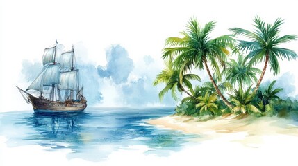 A tropical island with a ship in watercolors