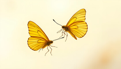 Close-up of two yellow butterflies with delicate wings on soft background