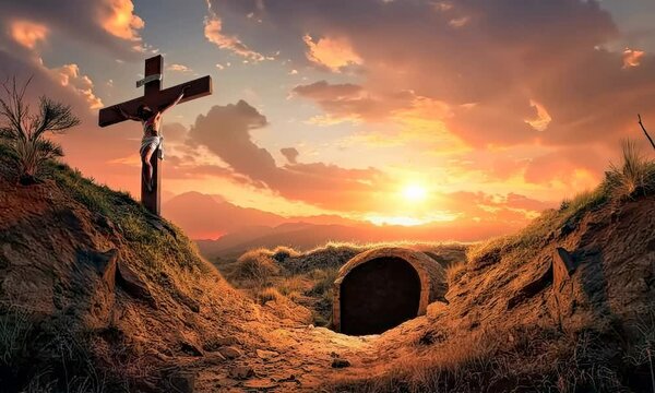 easter religion,jesus christ cross easter resurrection concept christian cross Tomb Empty With Shroud And Crucifixion At Sunrise - Resurrection Of Jesus Christ