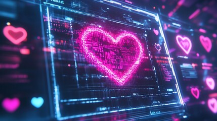 Digital Love: A Glowing Heart amidst Cybernetic Lines and Flowing Data Streams
