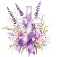 Cross with lavender and lilies and purple ribbon isolated on a transparent background