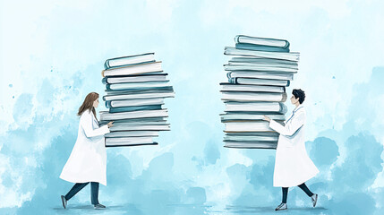 watercolor illustration of two doctors carrying books in blue tones