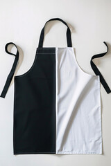 Aprons in black and white hanging against a clean white background