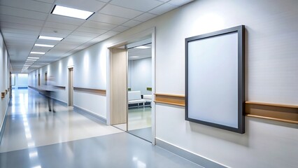 A bright, clean hospital corridor with a blank frame mounted on the wall