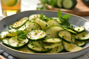 A fresh, crisp cucumber salad drizzled with lemon juice and olive oil, garnished with herbs and spices, perfect for summer.
