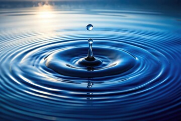 Dripping water creates a ripple effect on the surface of a calm navy-colored lake, calm water, mirror