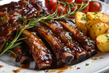 Tasty barbecue pork ribs served with roasted potatoes and cherry tomatoes, garnished with fresh rosemary sprigs