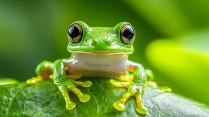 A green frog is sitting on a leaf