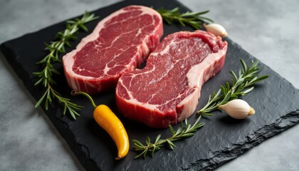 Fototapeta premium Two succulent ribeye steaks rest on a sleek black slate, surrounded by fresh rosemary, garlic, and a vibrant chili pepper. This mouthwatering display captures the essence of gourmet cooking, inviting