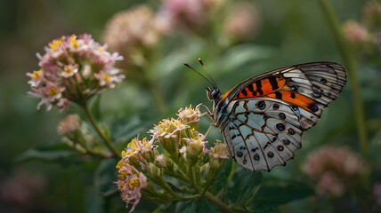 a striking butterfly with vibrant orange and white wings delicately perched on a cluster of small pink flowers